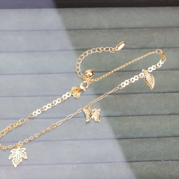 "Rose Gold Anklet with Butterfly & Leaf Charms, XPAL1169 - Picture 11 of 12